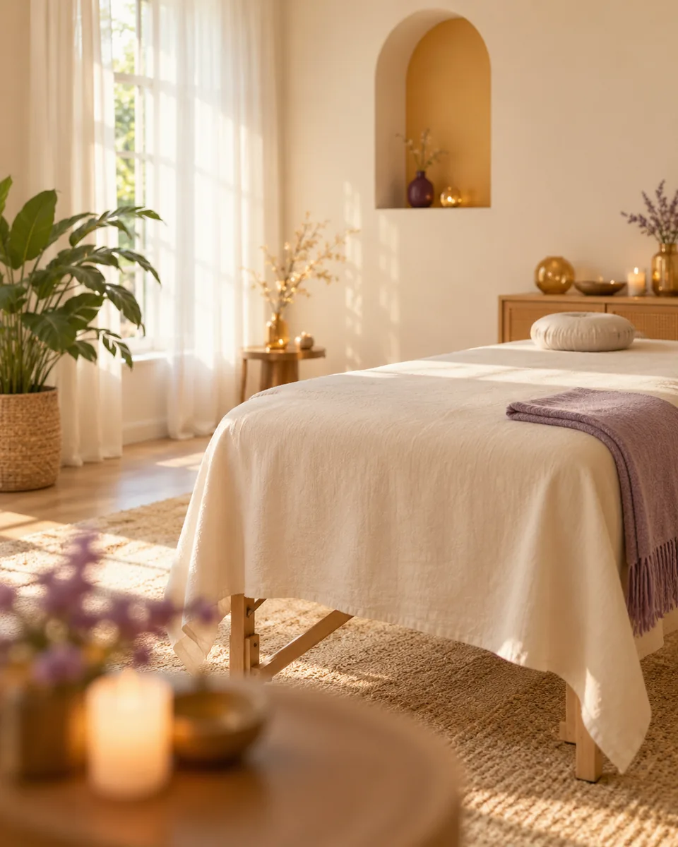 Salle de séance calme et lumineuse : table de massage couverte d’un drap ivoire, plaid lilas, plante et bougies