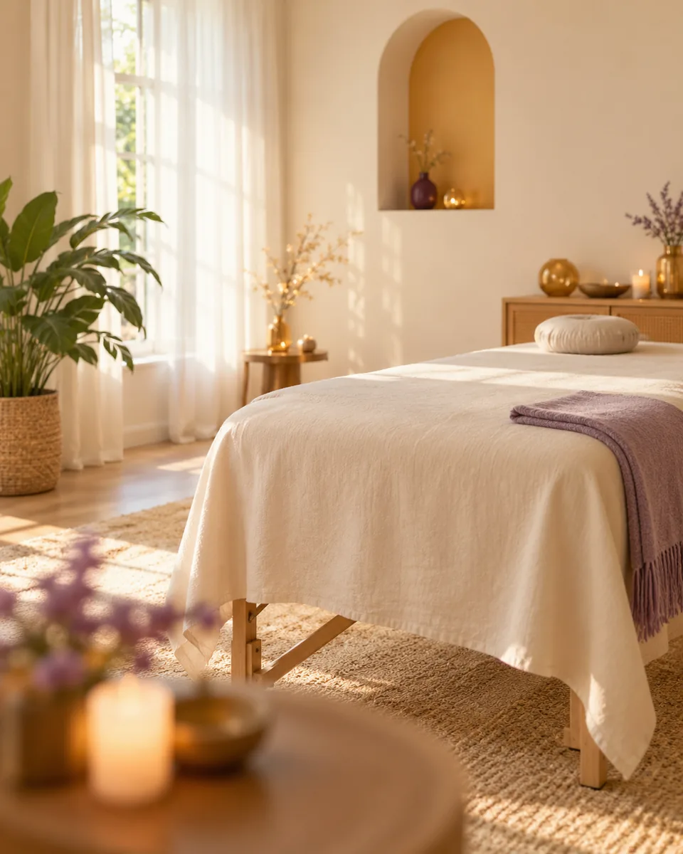 Salle de séance calme et lumineuse : table de massage couverte d’un drap ivoire, plaid lilas, plante et bougies